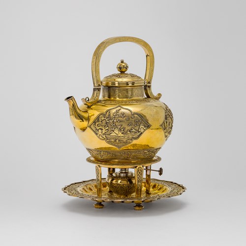 Chinese Silver-Gilt Teapot with English Brazier by Robert Garrard II